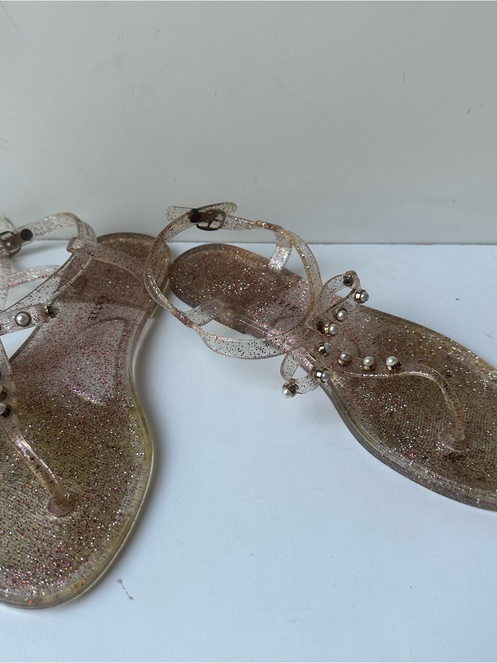KATIE Glitter Jelly Sandals Size 8 Bow Pearl Clear Gold